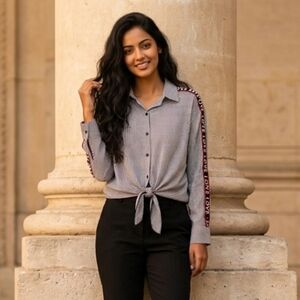 Miss Selfie Black and White Striped Button Down Shirt "LOVE" Detail Along Sleeve